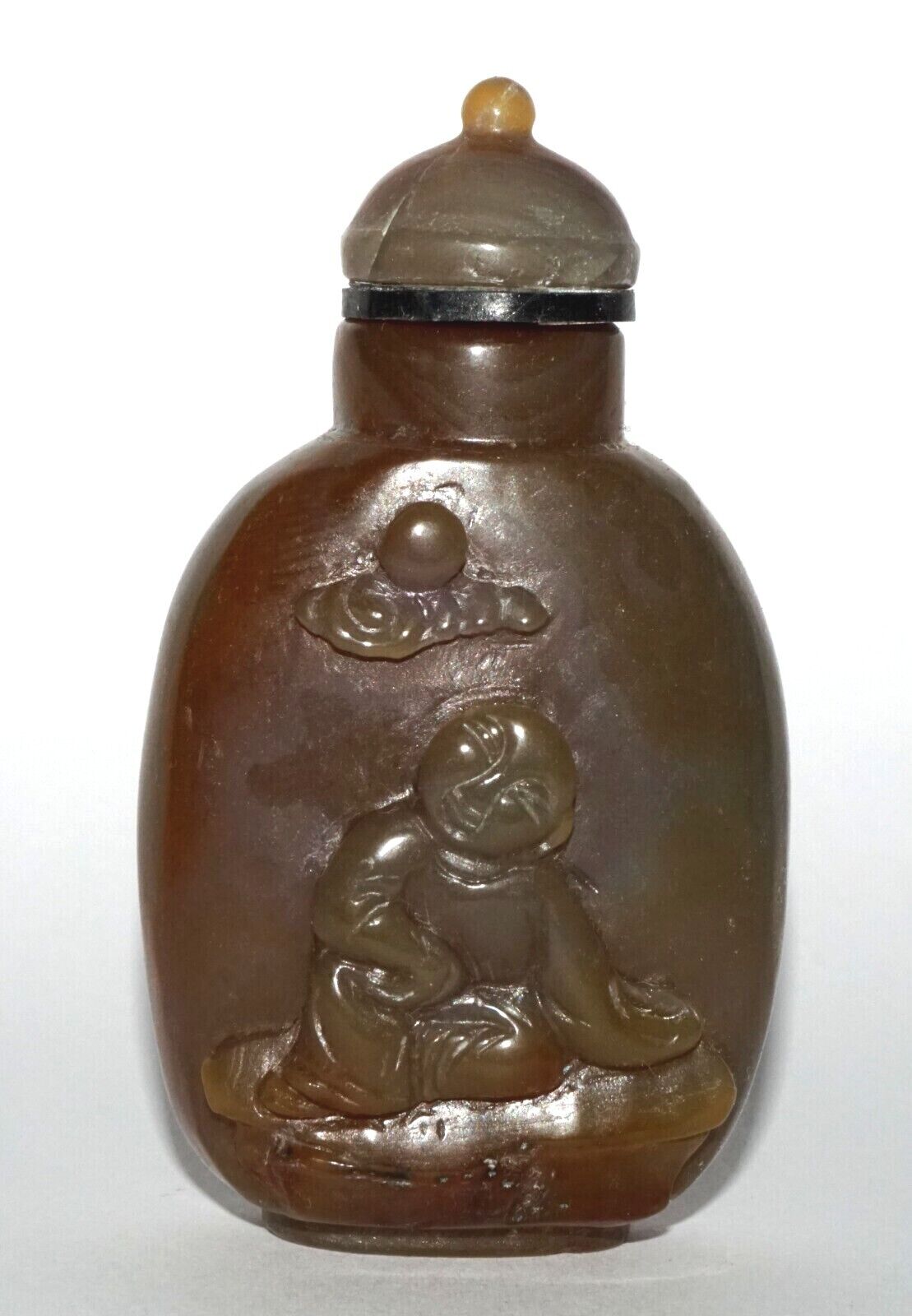 Vintage Chinese Agate Carved Snuff Bottle w Boy in Garden Relief Motif (LeS) G12