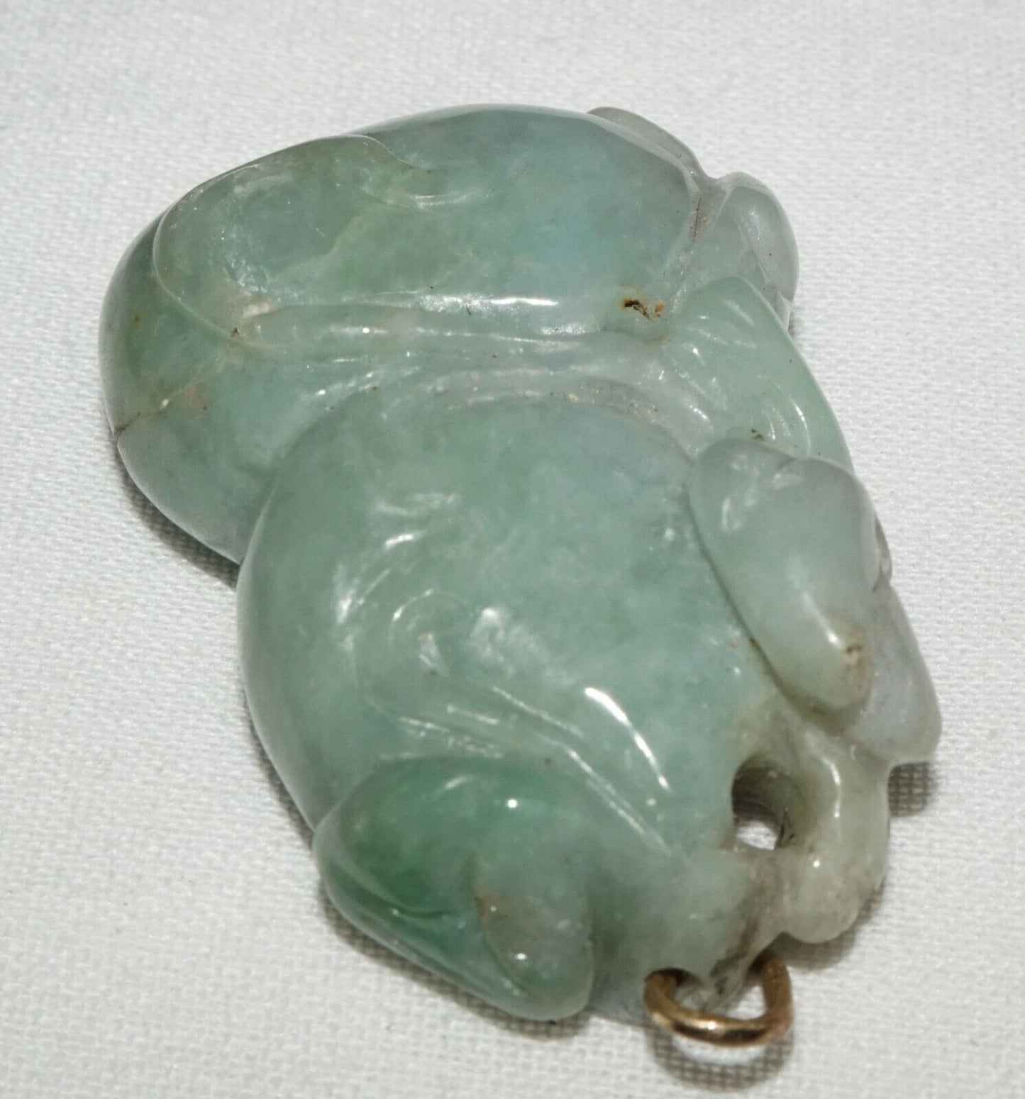 Vintage Chinese Double Gourd & Feline Motif Jadeite Jade Carved Pendant (AHB)