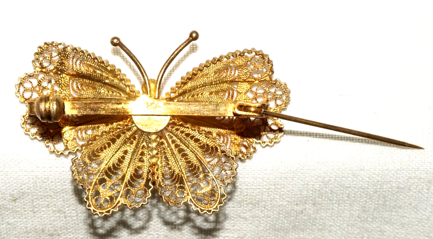 Vintage Gold-Washed 800 Silver Filigree Butterfly Brooch Pin (InS)#L1