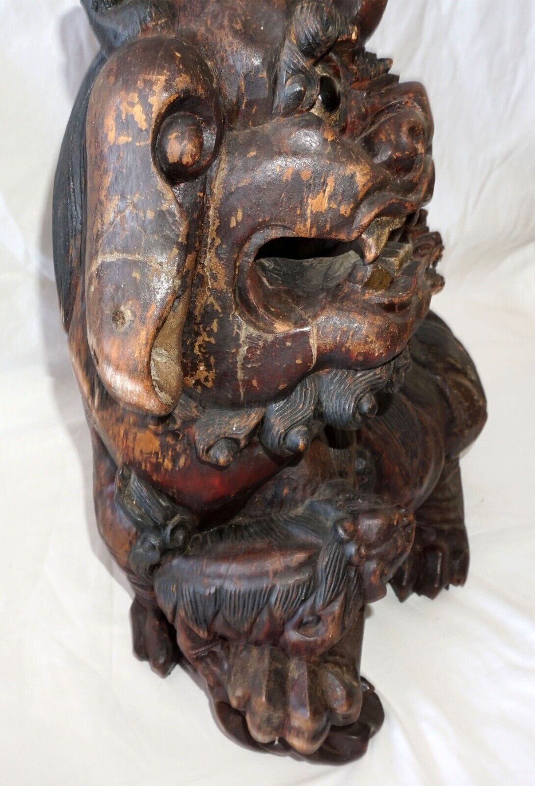 Pair Vintage Chinese Large Carved Assembled Hardwood Lion Dogs Inset Eyes (ChB)