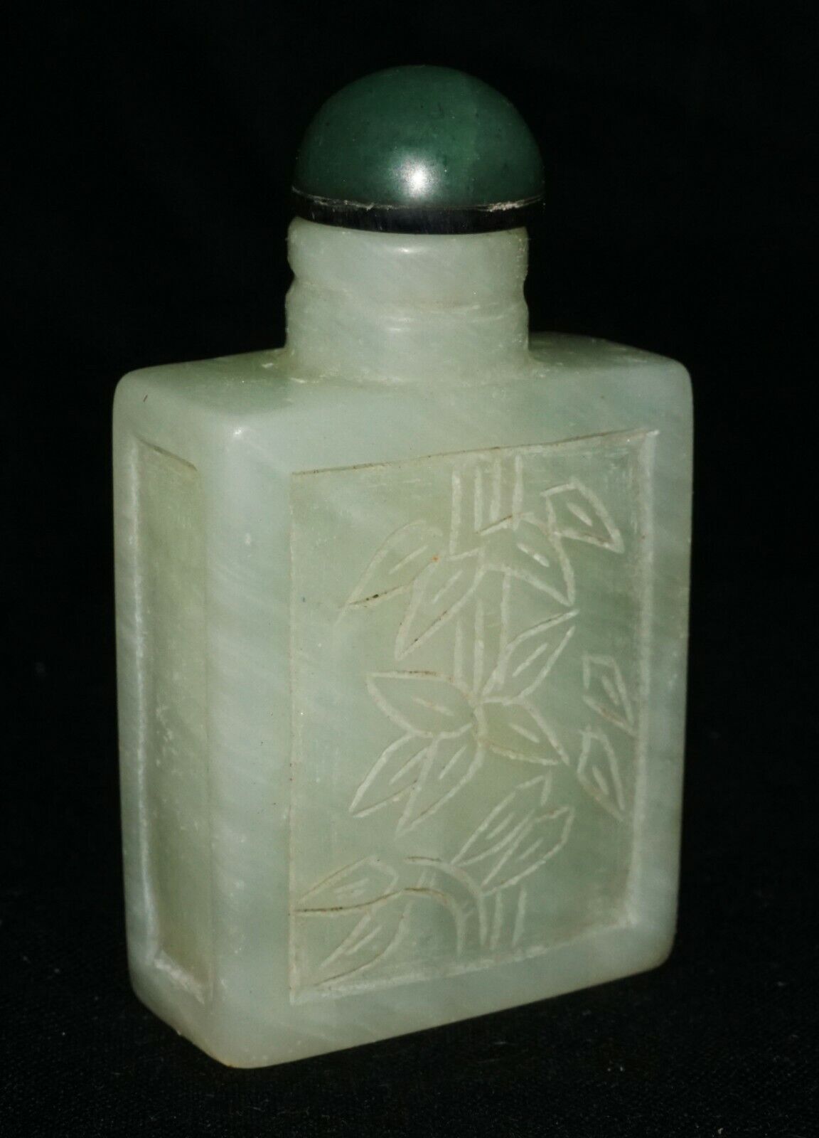 Vintage Chinese Jade Carved Snuff Bottle w. Bamboo Motif & Jade Stopper (LeS) G2