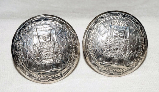 Vintage Mexican Sterling Silver Cufflinks w. Aztec Maya Inca Deity Motif (PiC)