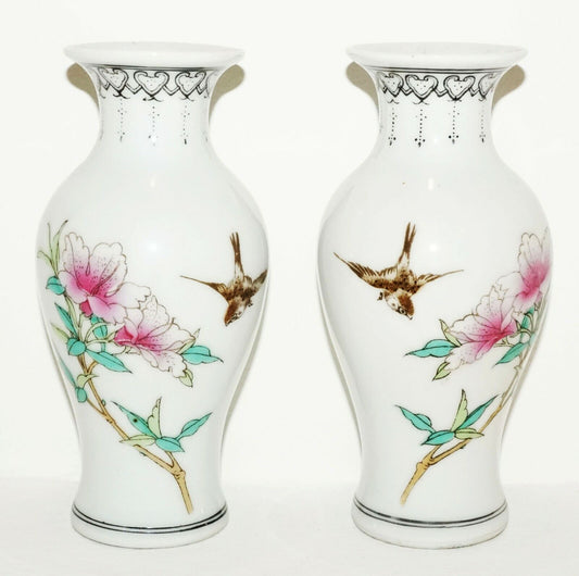 Pair of Chinese Republic Period Miniature Vases w. Flower & Bird Motifs (BrM)