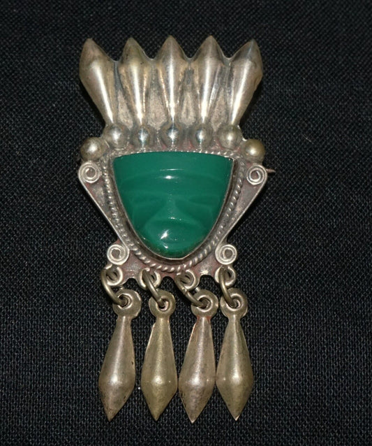 Vintage Mexican Indigenous Mask Motif Sterling Silver & Synthetic Brooch (FeH)