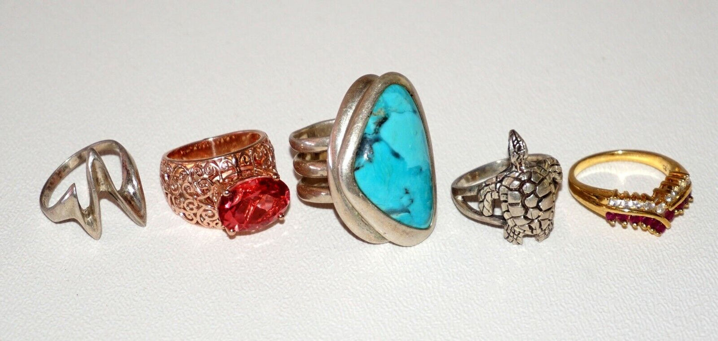 5x Vintage Sterling Silver Rings Turquoise Rubies Quartz Turtle Abstract(NoN)R38