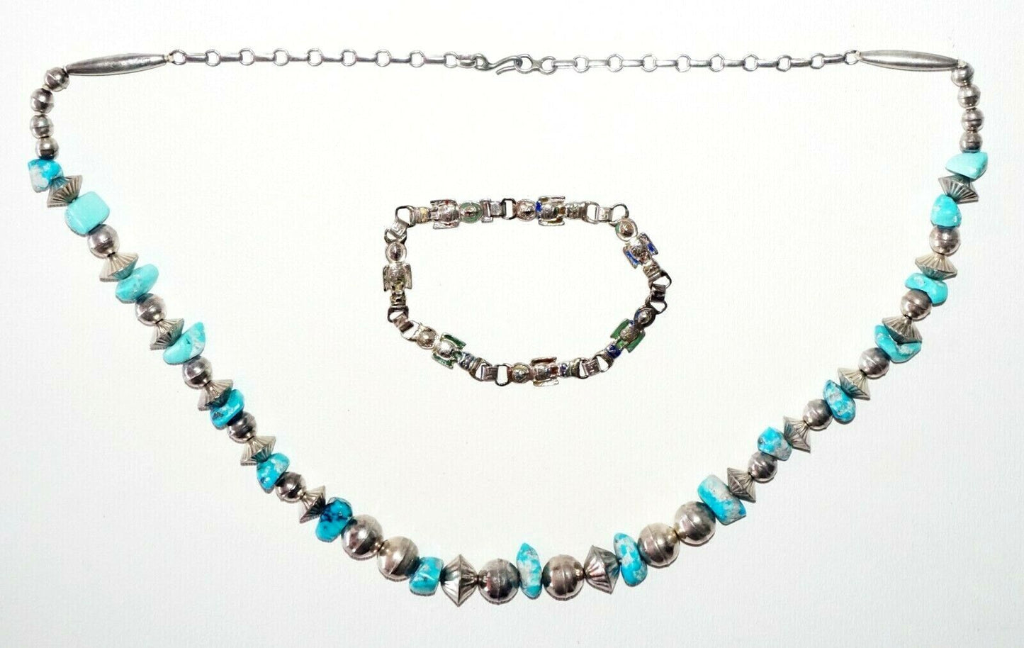 2Pc S.W. Silver & Turquoise & Enamel Tribal Bead Necklace & Bracelet (TaE) #44