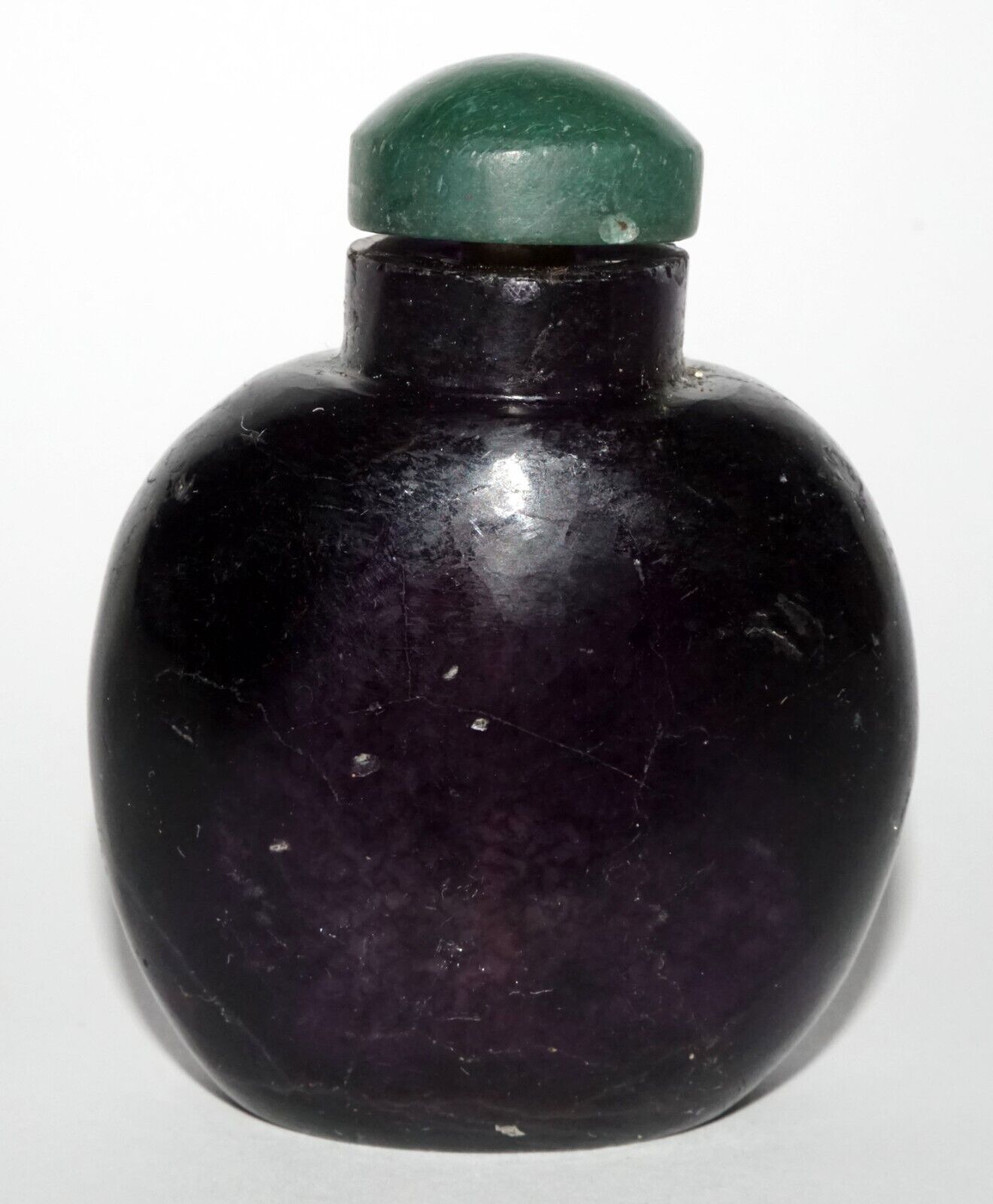 Vintage Chinese Dark Purple Fluorite Carved Snuff Bottle w. Green Stop (LeS) G8