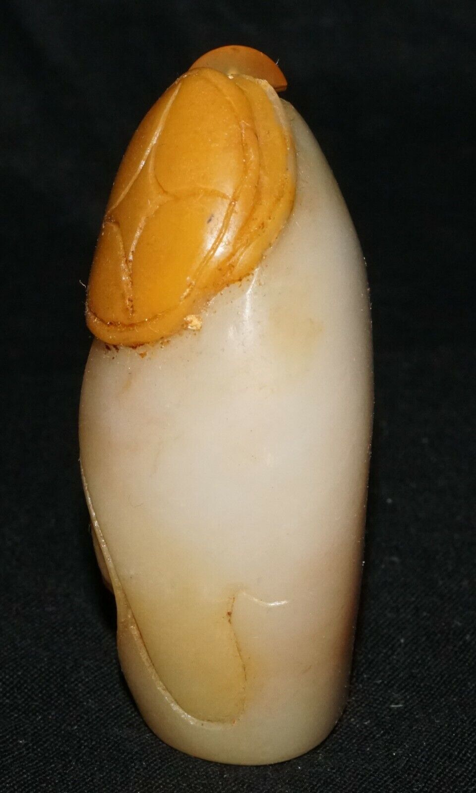 Chinese White Jade Pebble Carved Snuff Bottle w. Laughing Buddha Motif (LeS) G2