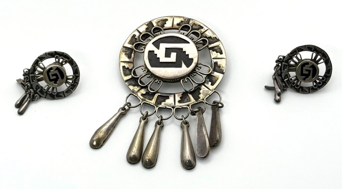 1950s Mexican Sterling Silver Pin & Non-Pierce Earrings Aztec Design (MiM)