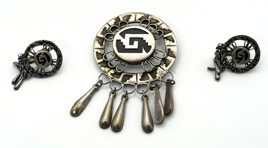 1950s Mexican Sterling Silver Pin & Non-Pierce Earrings Aztec Design (MiM)