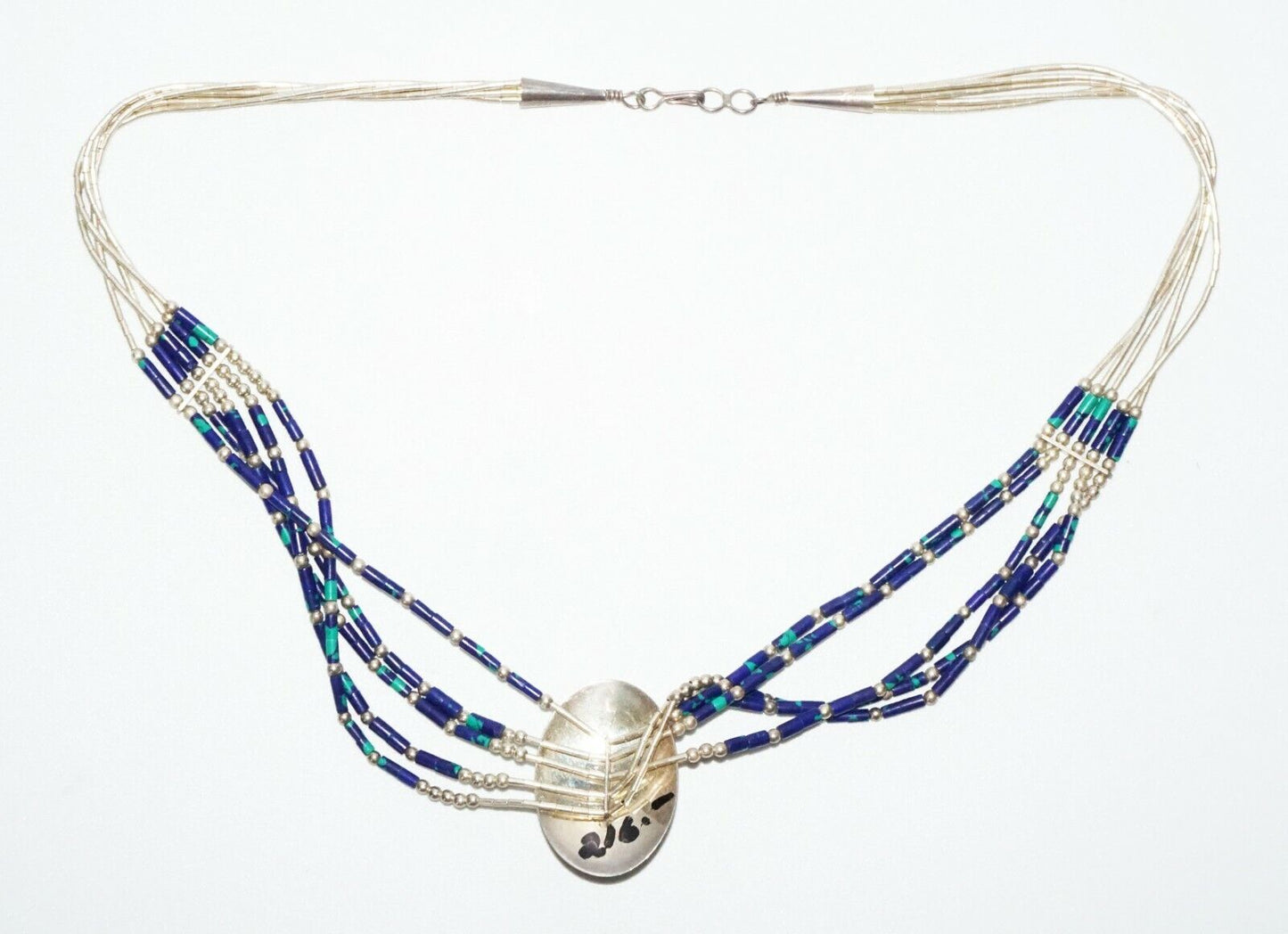 S.W. Sterling Silver Silver Bead Necklace w. Azurite Beads & Pendant (SaR)#233