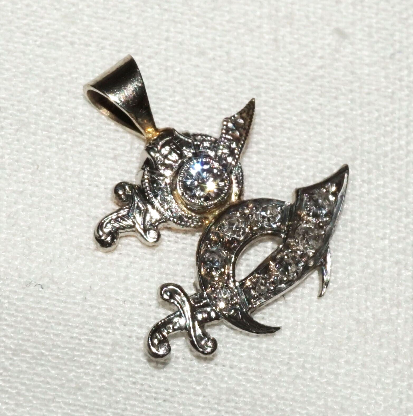 Vintage 14k Y&W Gold Mini Pendant Crescent Moon & Dagger Motif 7x Diamonds (ChR)