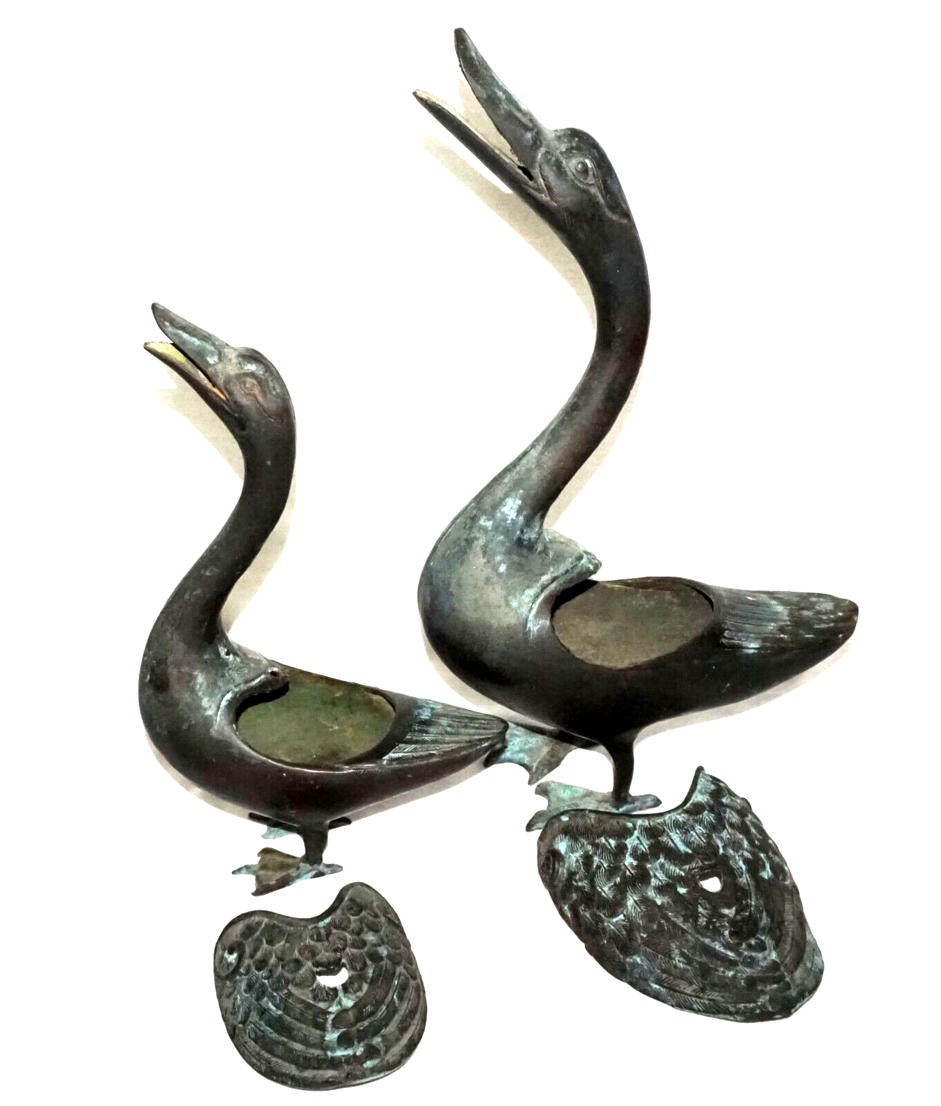 2Pc Chinese Bronze Incense Burners w. Squawking Geese Motif (NiC)