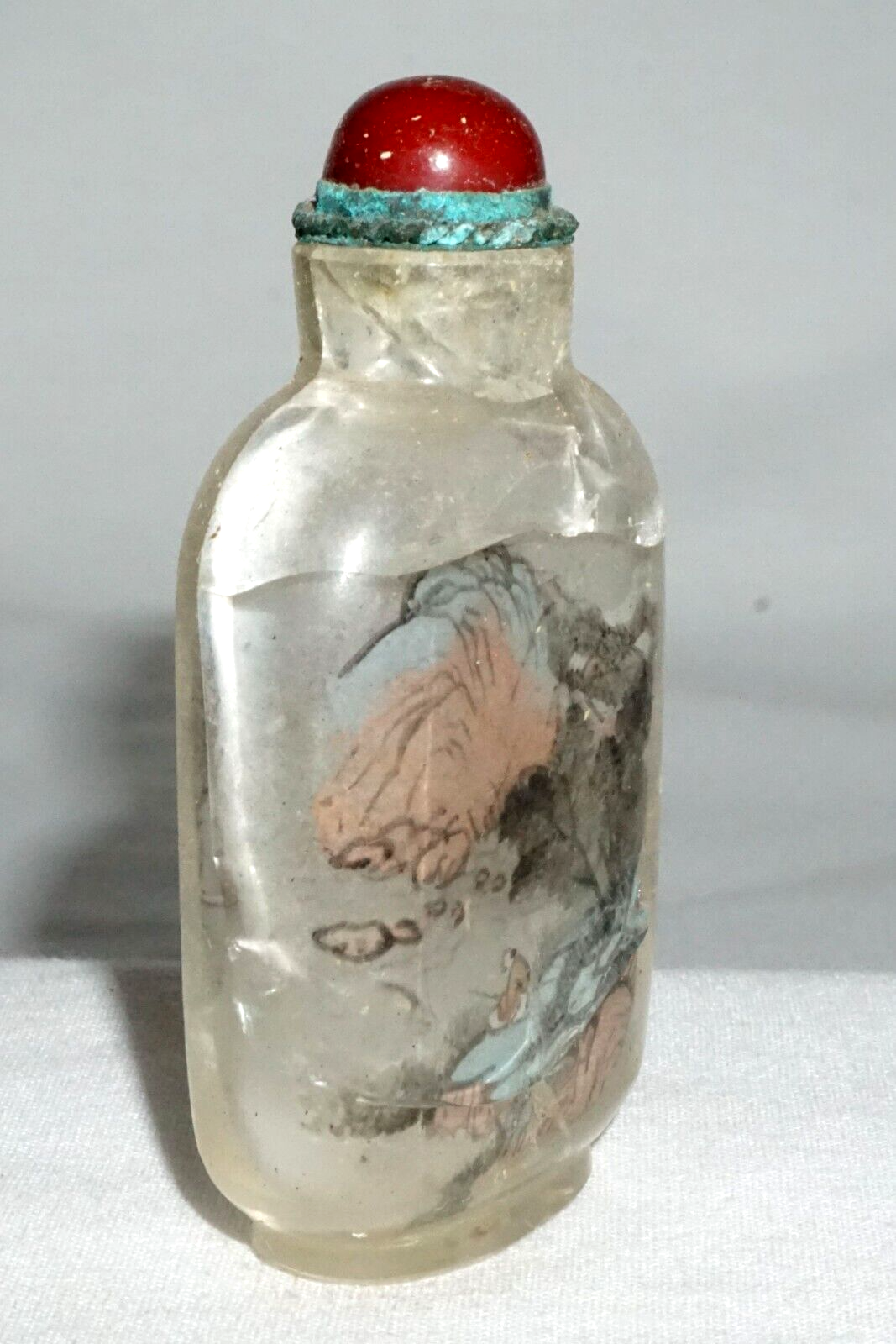 Vtg Chinese Reverse Painted Glass Snuff Bottle Seated Figure in Landscape (LLA)