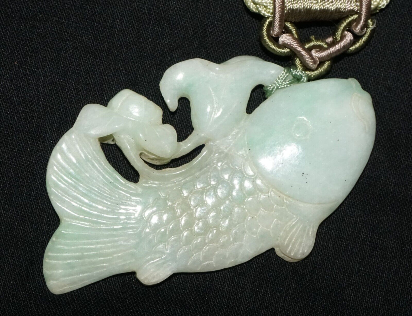 Vintage Chinese Jadeite Jade & Carp & Lotus Motif Carved Pendant (LeS)L23