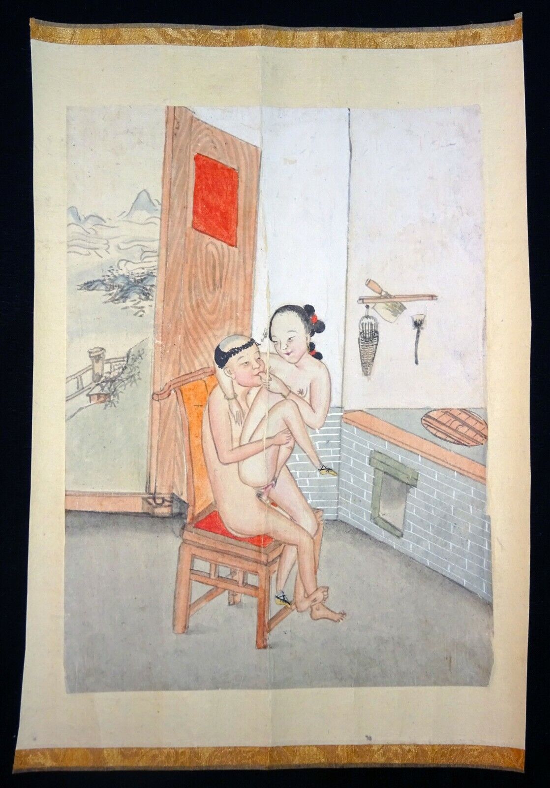 19C Chinese Erotic Pillow Color Paintings for Newly Married Couple (SoM)#6