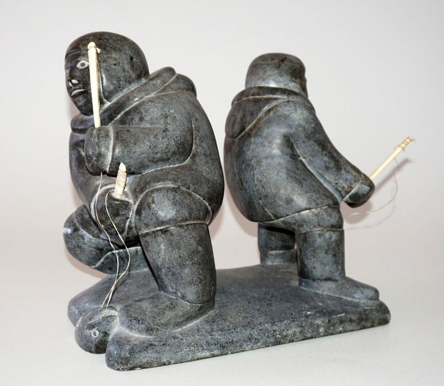 74 Canada Eskimo Stone Carved Ice Fishers Sculpture by Thomassie Tookalook (Kor)