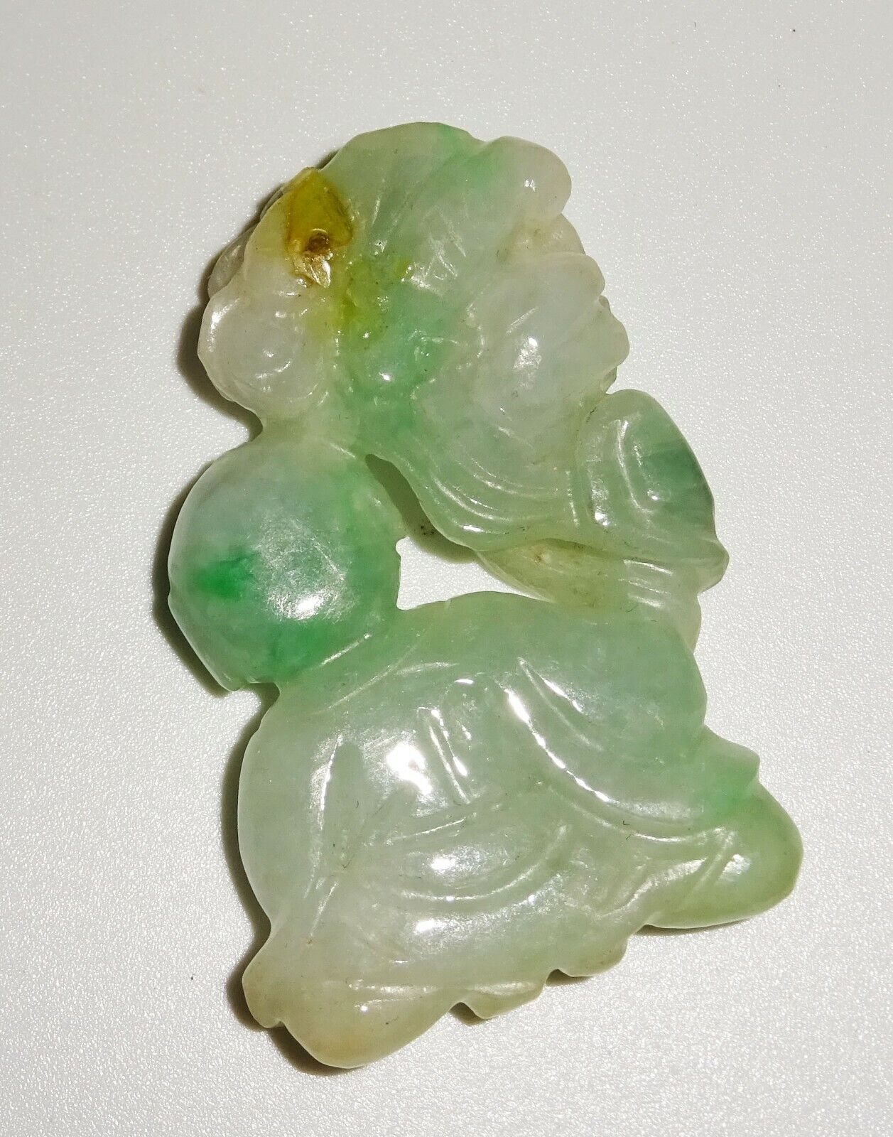 Vintage Chinese Mottled Green Jadeite Jade Carving Boy Lingzhi & Bat (LuD)