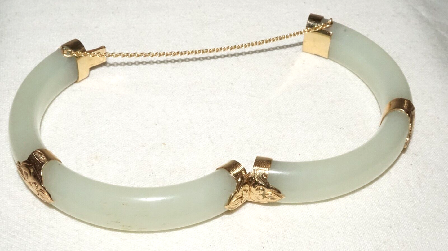 Vtg Chinese 14k Yellow Gold & Pale Green Jadeite Jade Bracelet Ming's (LeS)L25