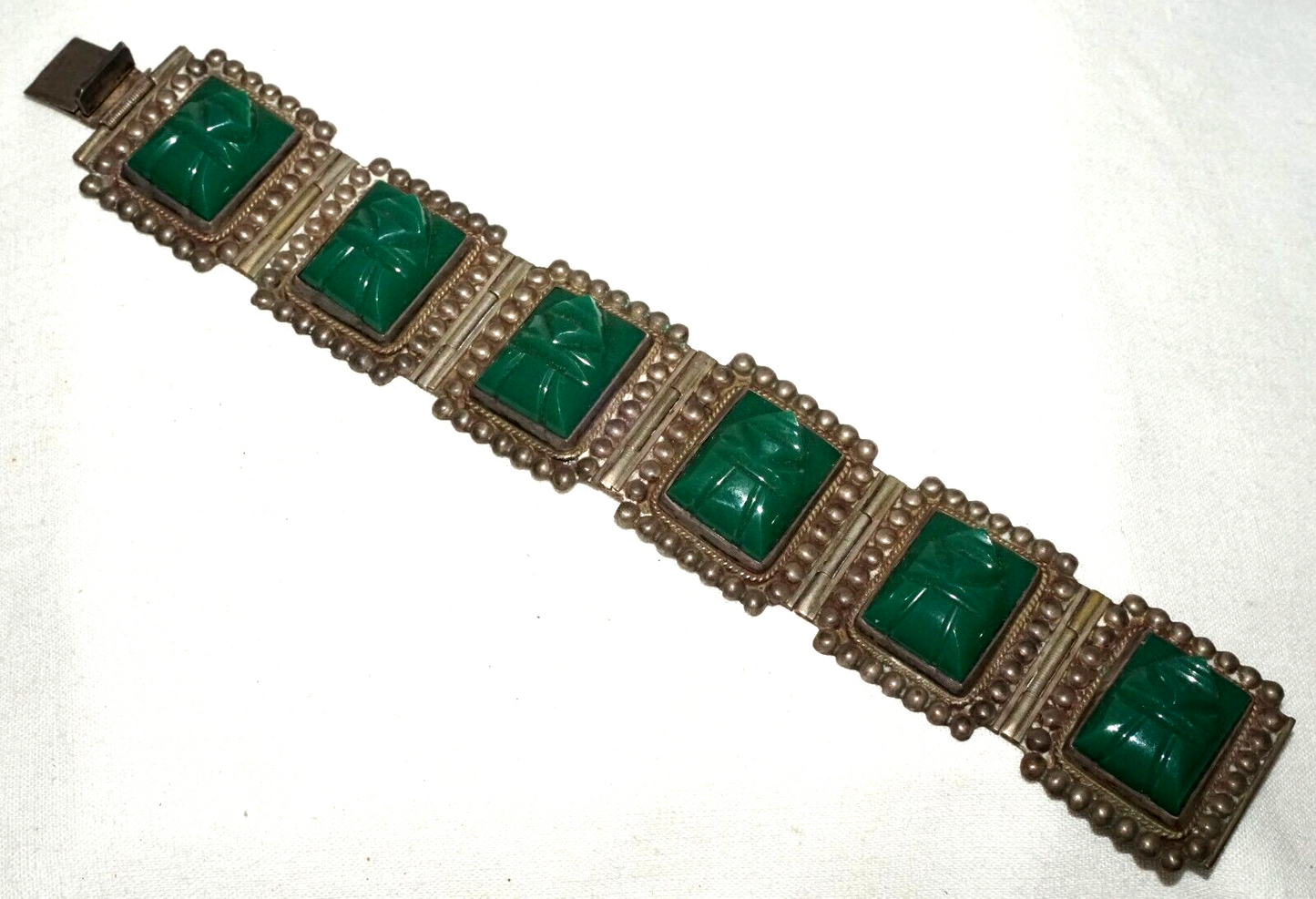 Vtg Mexican Modernist Sterling Silver & Green Synthetic Accents Bracelet (TuD)