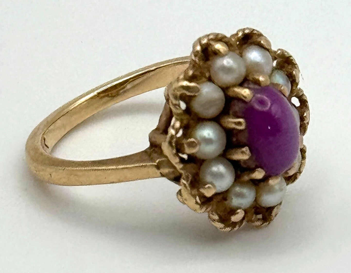 Vintage 14k Yellow Gold Ring Sz.6 w. a Ruby Cabochon & 10x Pearls (NeW)