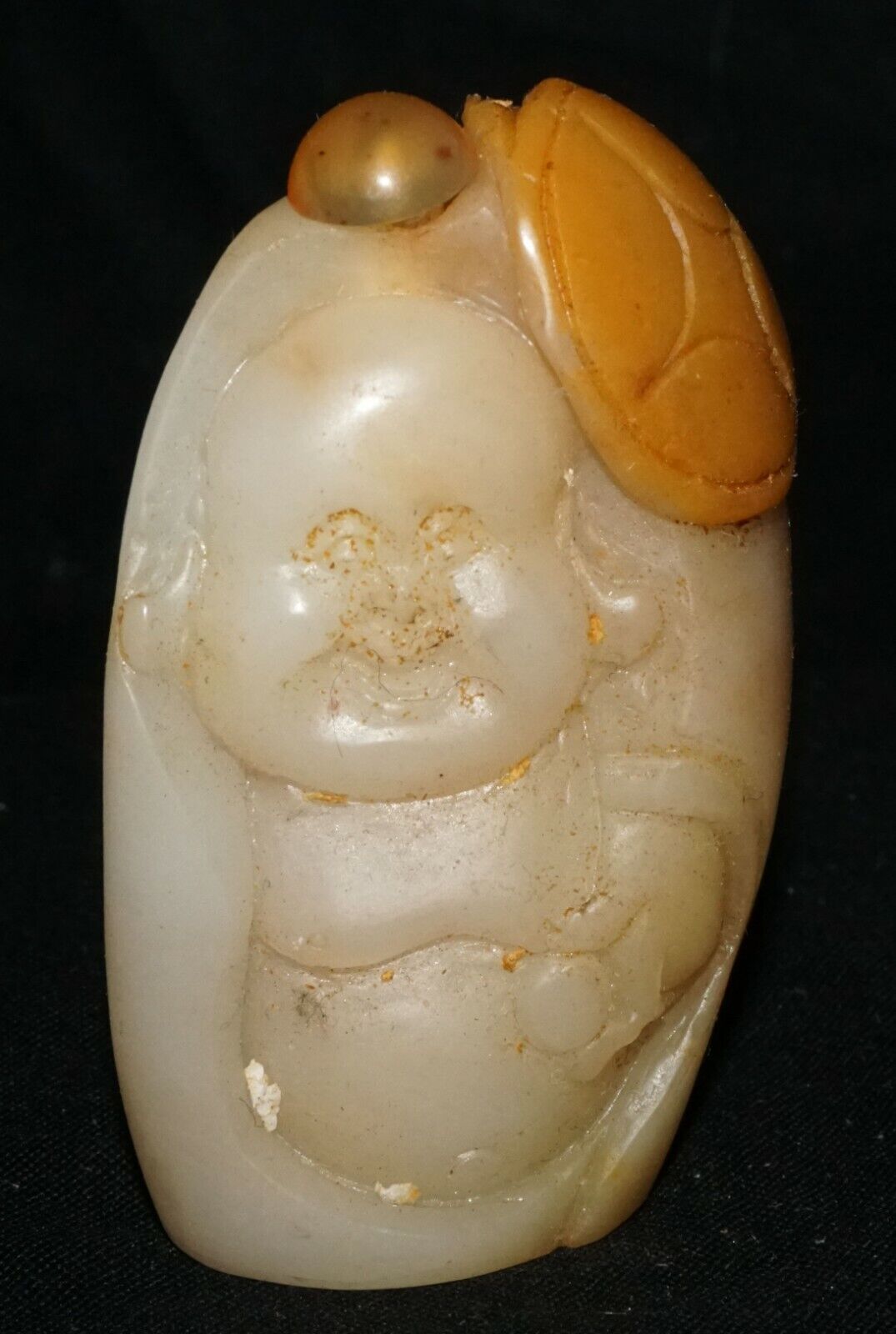 Chinese White Jade Pebble Carved Snuff Bottle w. Laughing Buddha Motif (LeS) G2