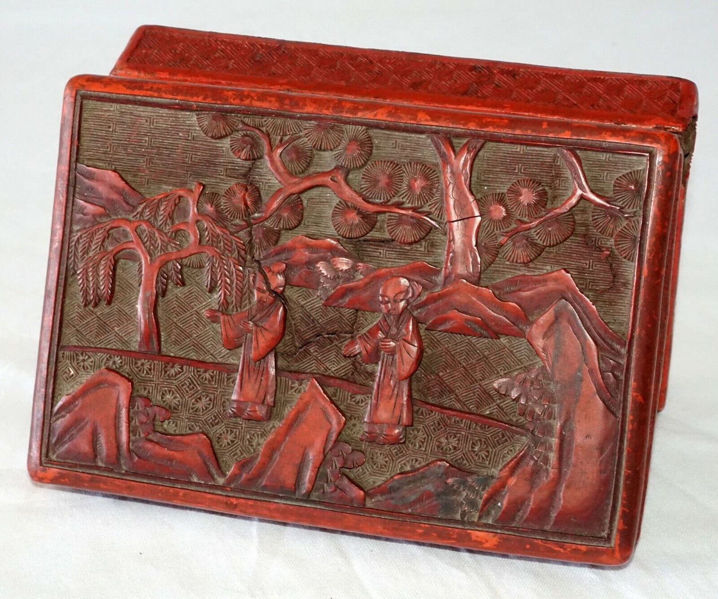 Antique Chinese Real Cinnabar Covered Box w. Scholars in a Garden Motif (DaC)