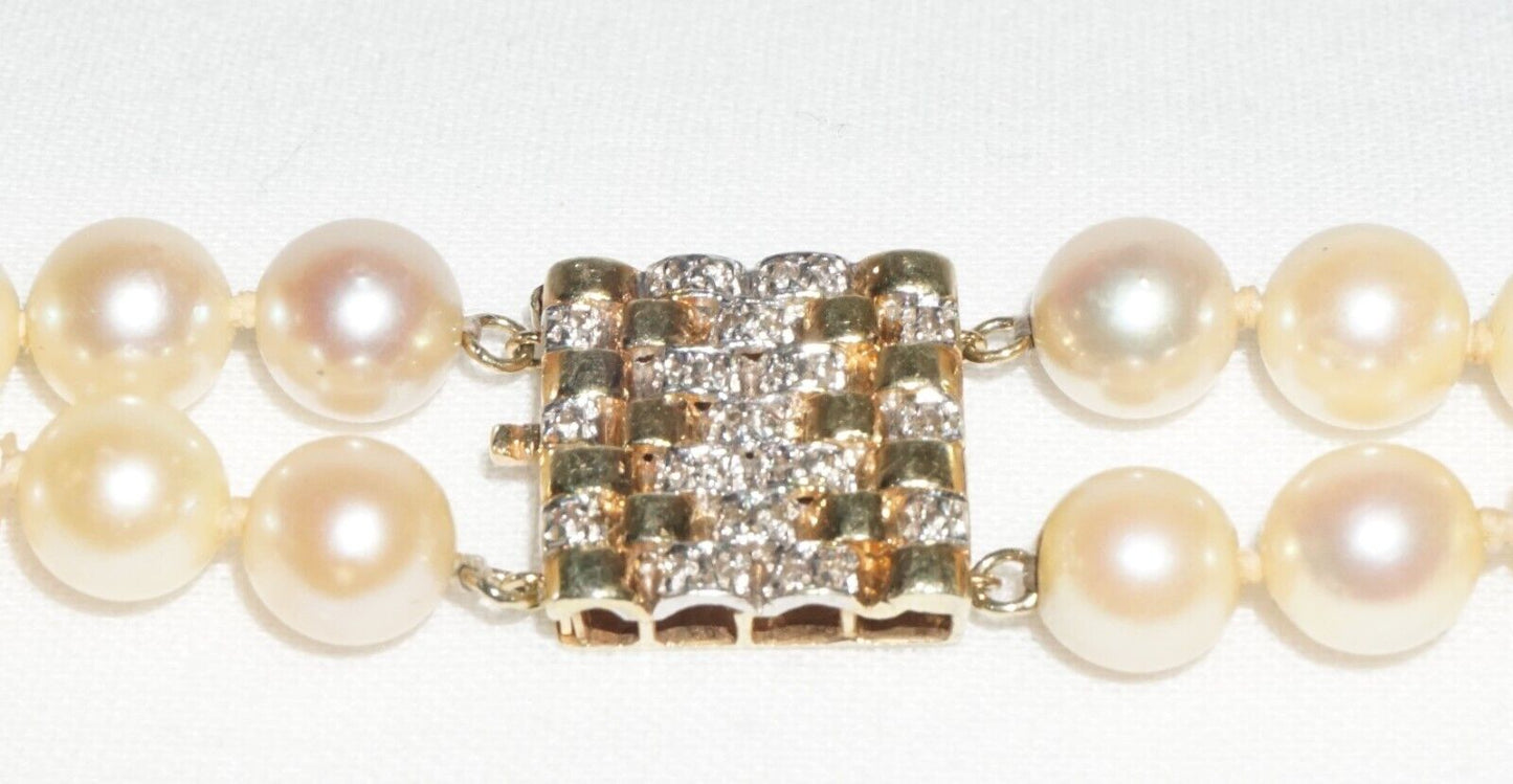 Vintage Double Strand Pearl Necklace 14k Y. Gold Clasp w. 28x Diamonds (BiB)