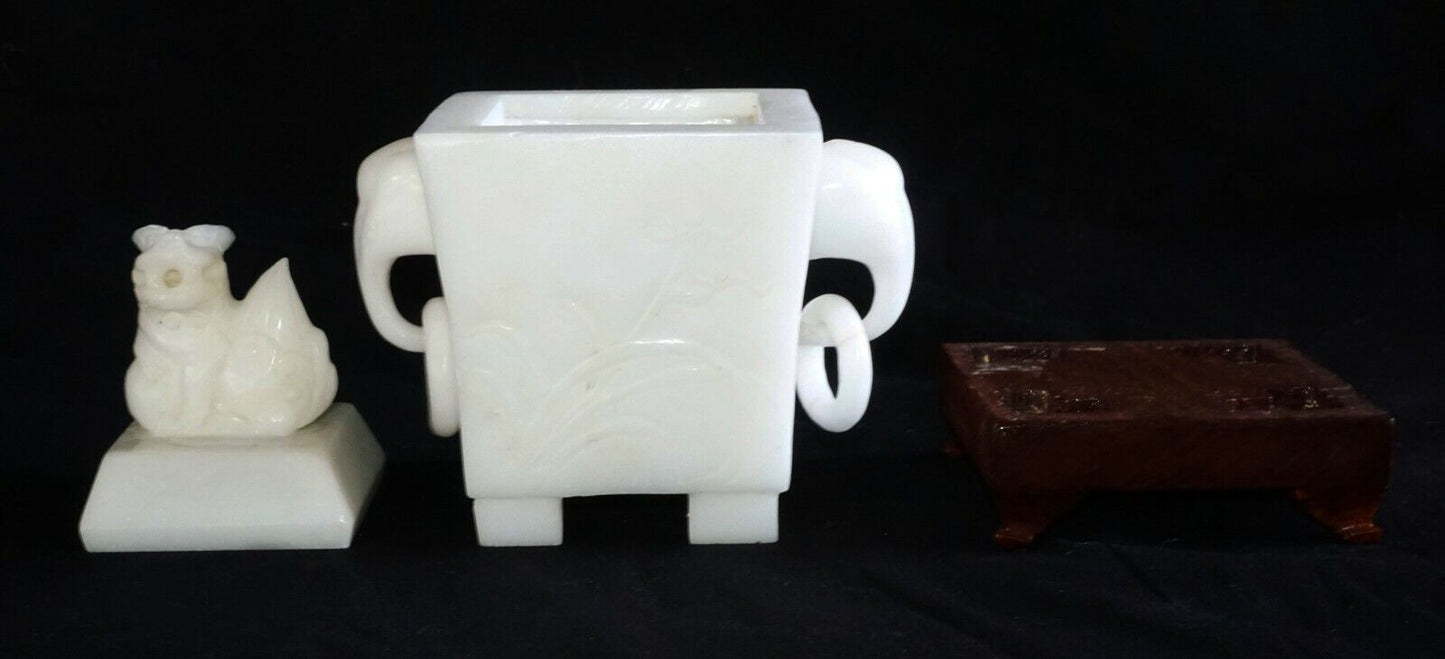 1900 Chinese Alabaster Incense Burner w. Elephant Handles on Fitted Stand (AHB)