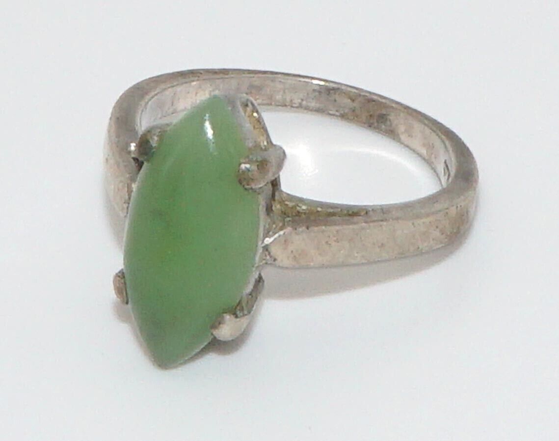 Vintage Sterling Silver Ring Sz. 6 3/4 w Nephrite Jade Marquis Solitaire (NeW)