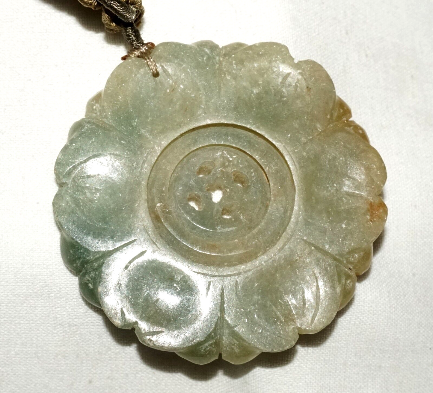 Antique Chinese Jade Carved Flower Pendant w. Double Spinning Center (LeS)L24