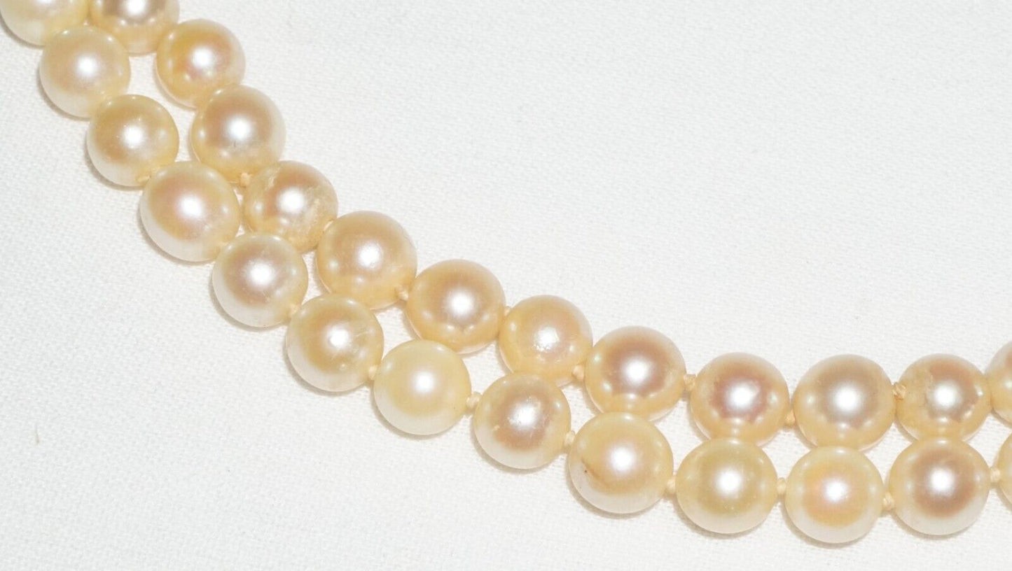 Vintage Double Strand Pearl Necklace 14k Y. Gold Clasp w. 28x Diamonds (BiB)