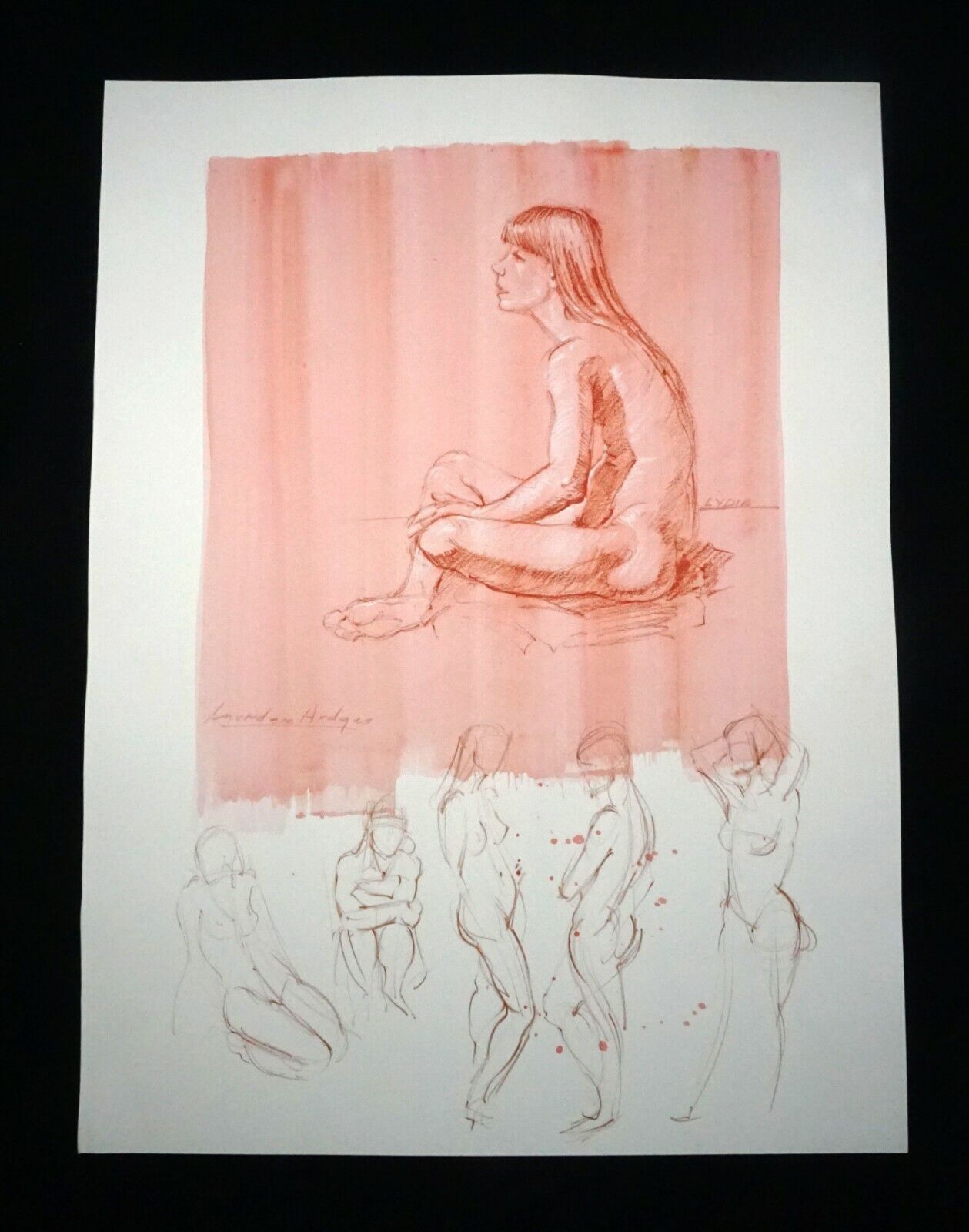 Hawaii Mixed Media Wash Painting Seated Female Nude by Snowden Hodges (Sho)#140