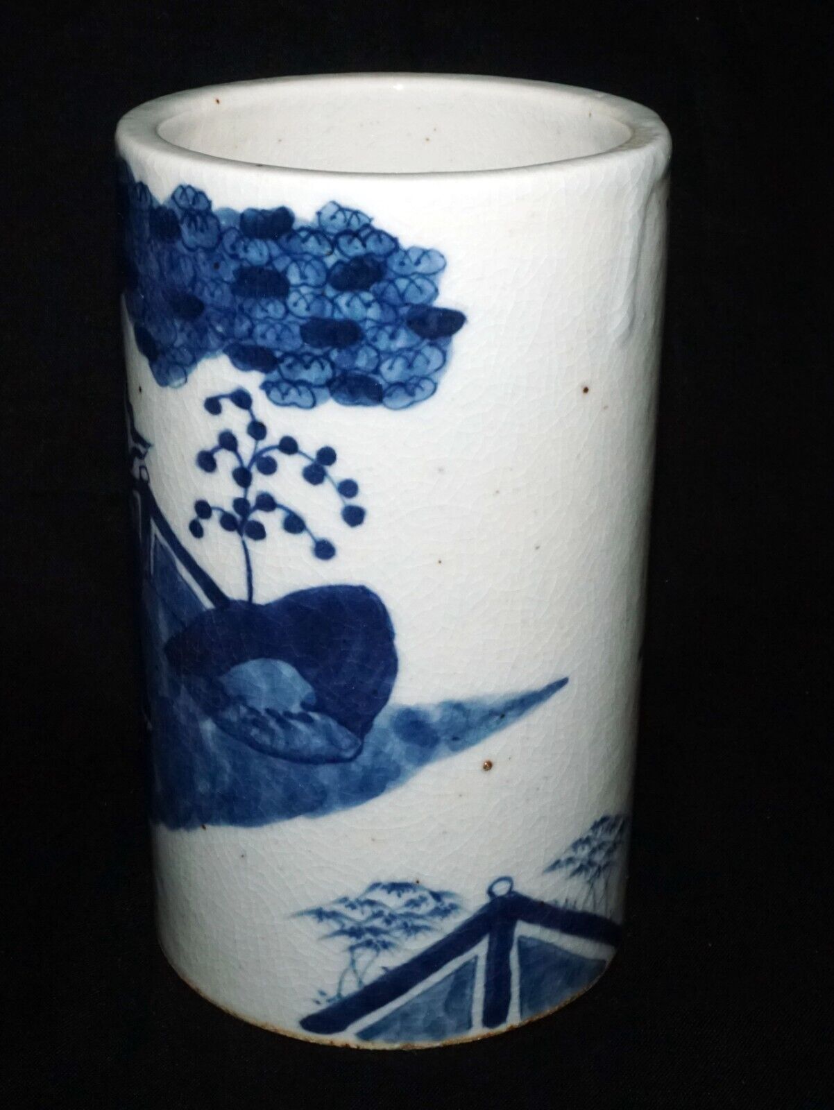 Chinese Blue & White Pottery Brush Pot w. Court-scene w Garden Motif (LeL) IC