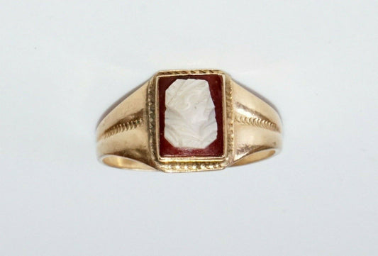 Antique 10k Yellow Gold Ring Sz 6.25 Stone Carved Cameo Woman Motif (Mit)