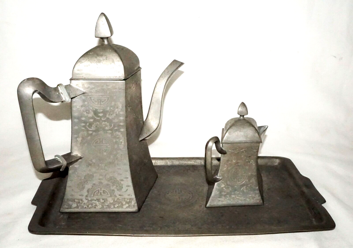 3Pc Vintage Chinese Pewter Pot & Creamer on Tray w. Bat & Happiness Motifs (GoB)