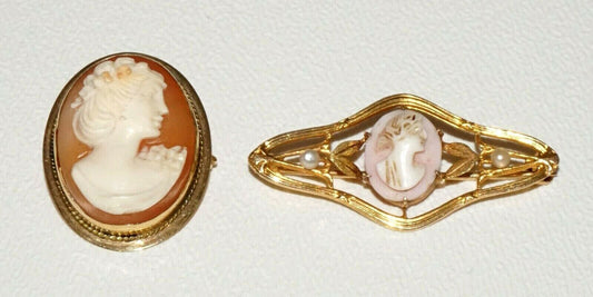 2x Vintage Italian 14K Yellow Gold Mini Shell Cameo Brooch Pins (Flf)