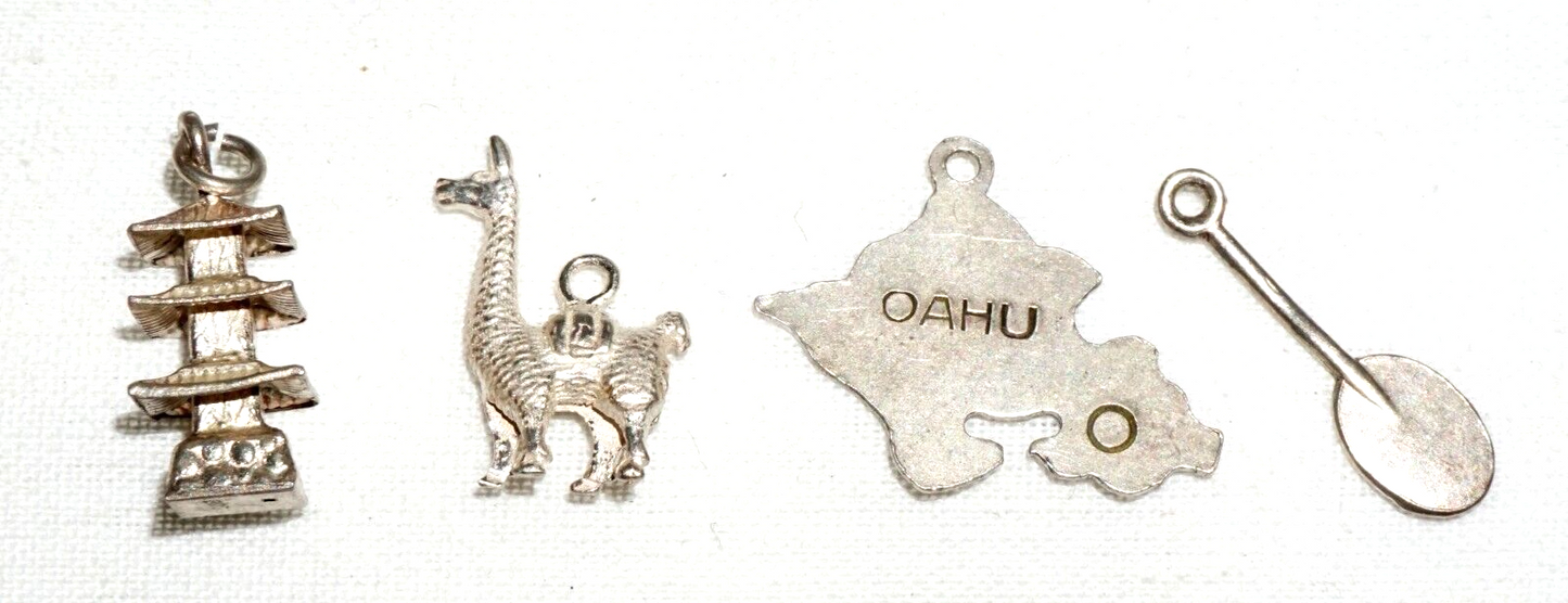 4Pc Vintage Silver Hawaii & World Mini Pendants Charms Oahu Paddle etc (BrM) L17