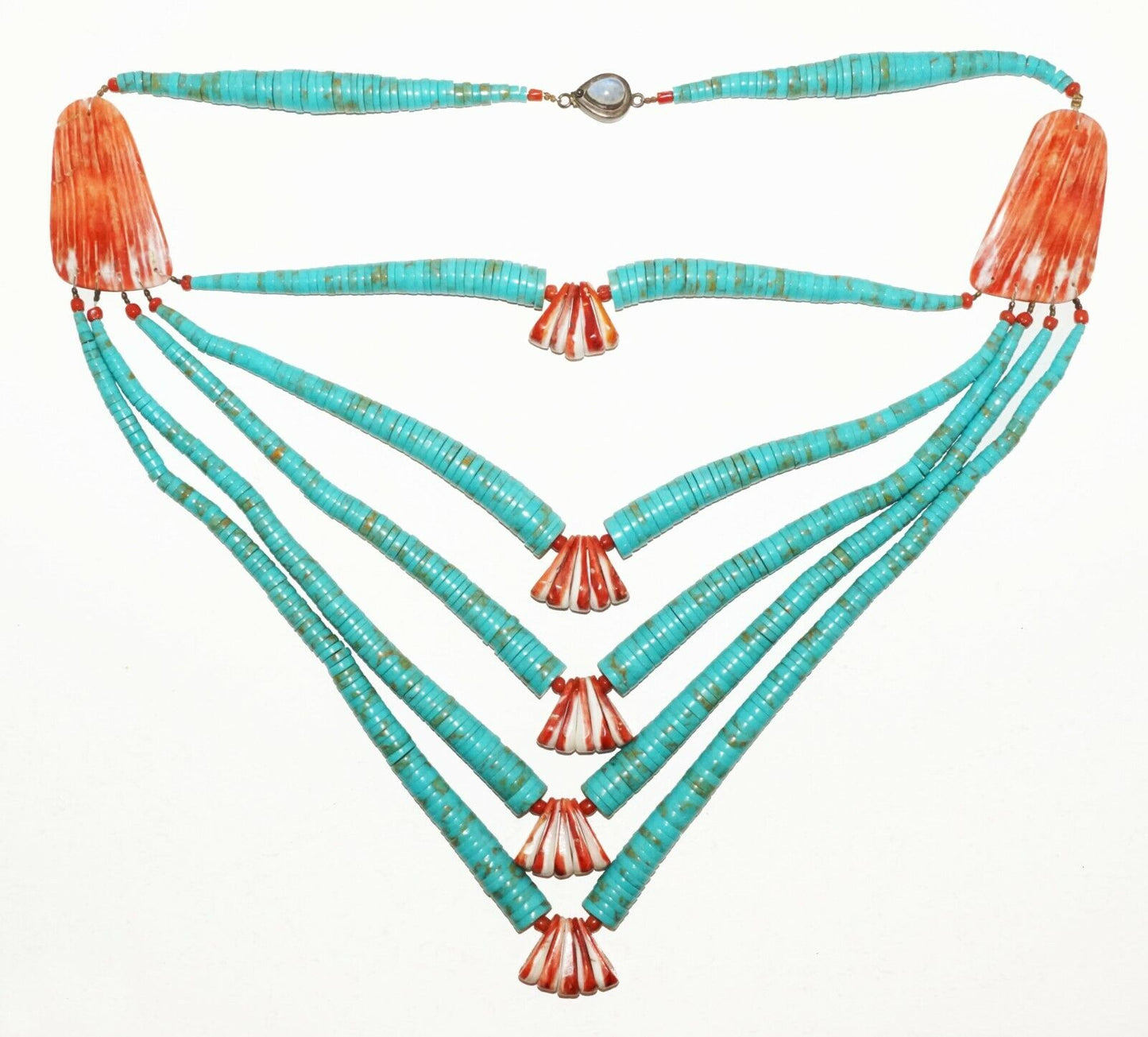 US Aboriginal Tribal 5 Strand Turquoise Bead & Red Shell Necklace (HaY)#20