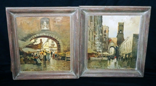 2Pc 40s Italy Oil Paintings Market Scenes by Pasquale D'Angelo (1896-1955)(MOT)