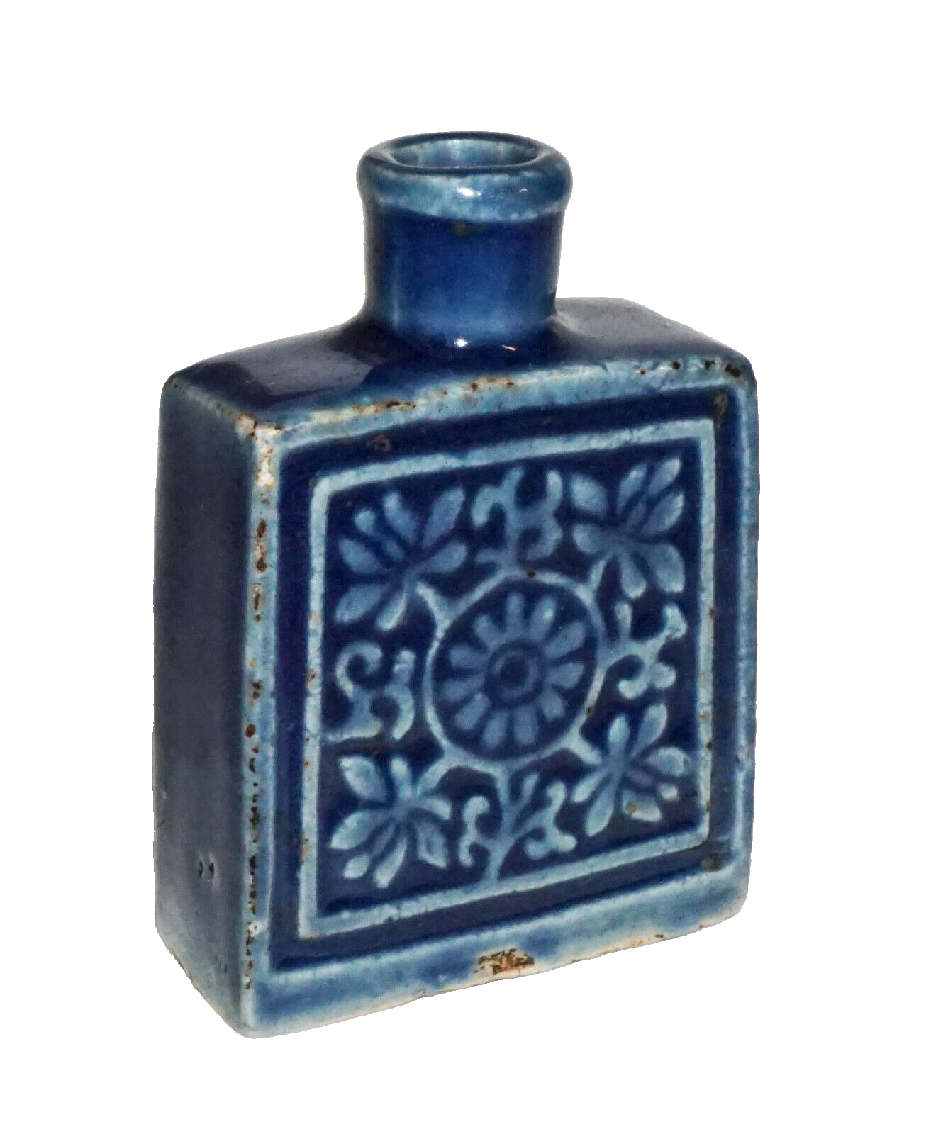 Antique Chinese Blue Glaze Molded Pottery Snuff Bottle w. Floral Motif (Kai) IC