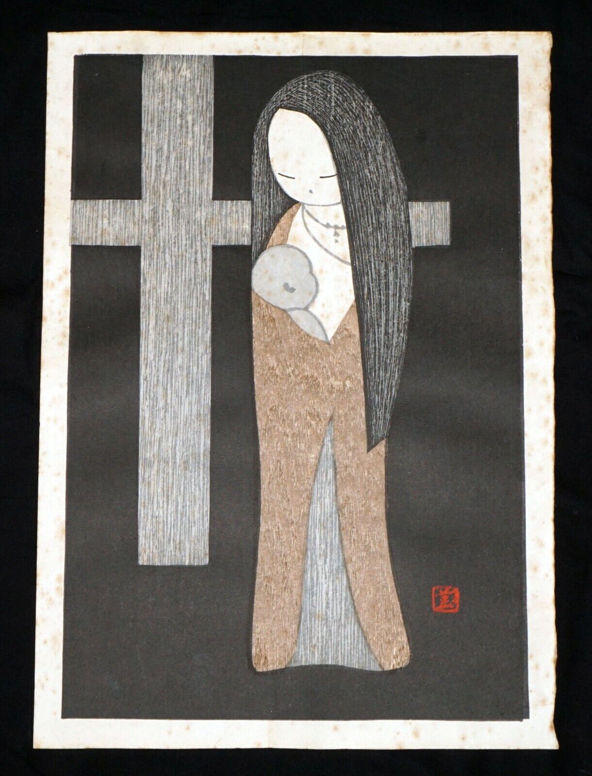 1955 Japanese Woodblock Print Madonna & Child by Kawano Kaoru (1916-1965)(***)