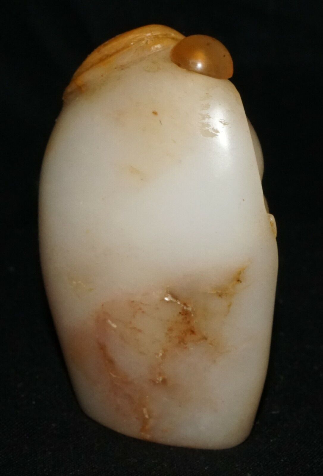 Chinese White Jade Pebble Carved Snuff Bottle w. Laughing Buddha Motif (LeS) G2