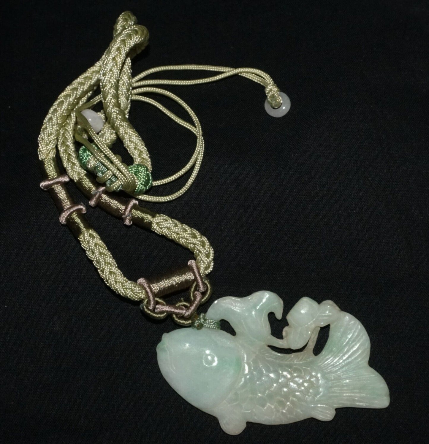 Vintage Chinese Jadeite Jade & Carp & Lotus Motif Carved Pendant (LeS)L23