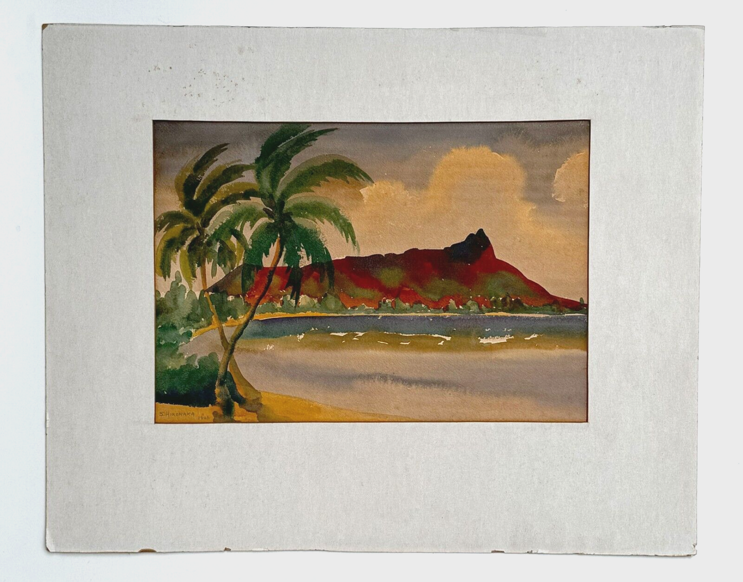 1938 Hawaii Watercolor Waikiki Shoreline w Diamond Head by Sunao Hironaka (KoR)