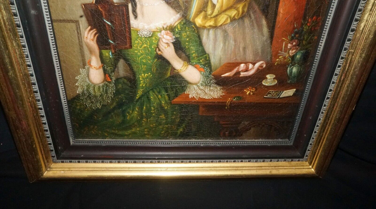 19C American Antebellum Oil- Ladies at Dressing Table Artist Unknown (KoR)