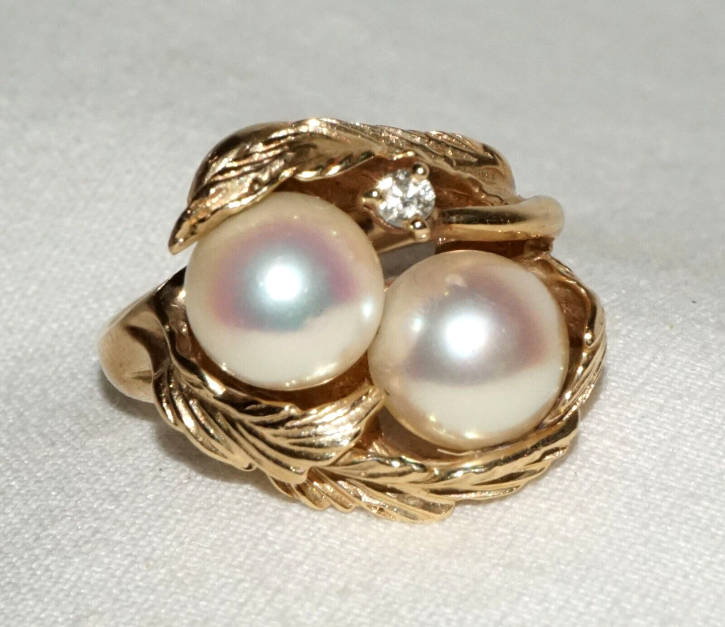 Vintage US 14k Yellow Gold Ring Sz.6.5 w. 2x Pearls & 1x Diamond Accent (FeD)