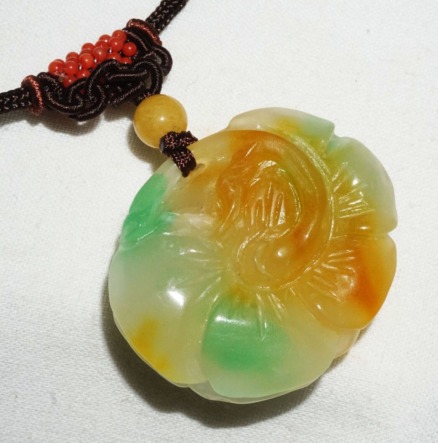 Vintage Chinese Semi Translucent Jadeite Jade Pendant w. Flower Motif (---)