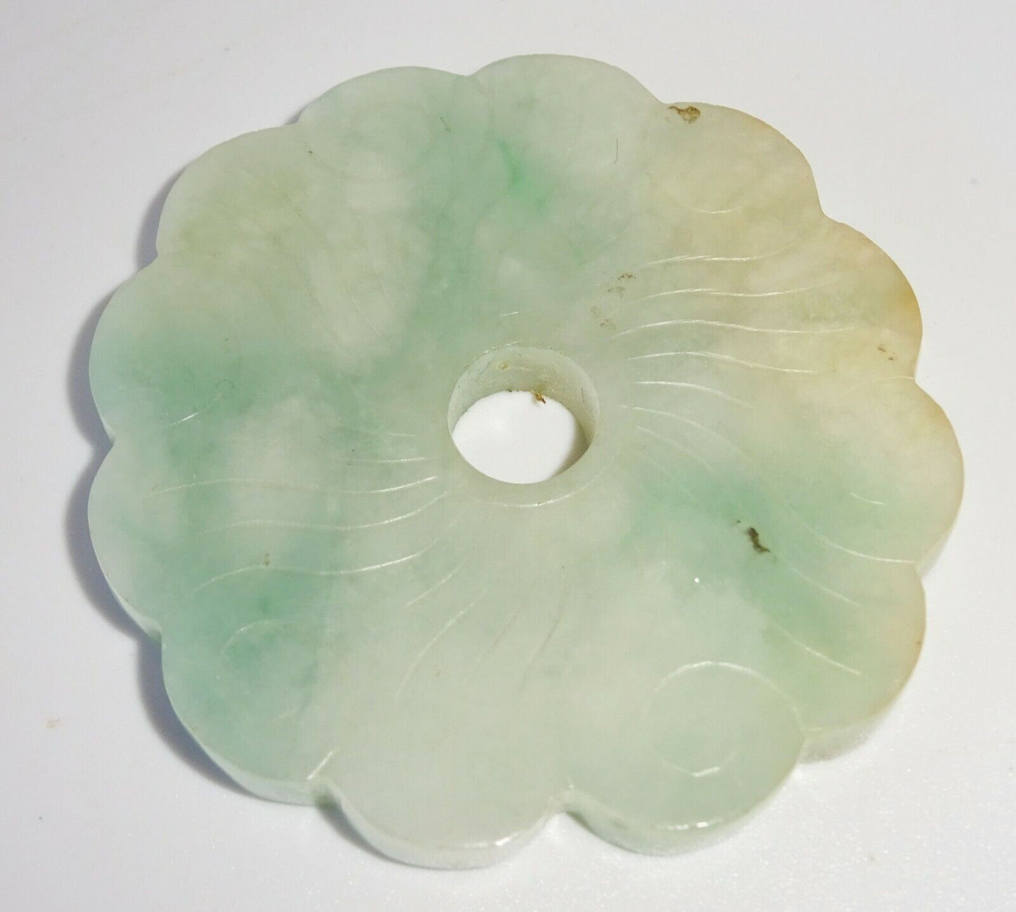 20C Chinese Mottled Jadeite Jade Incised Flower Motif Disk Carving (FeO) #37b