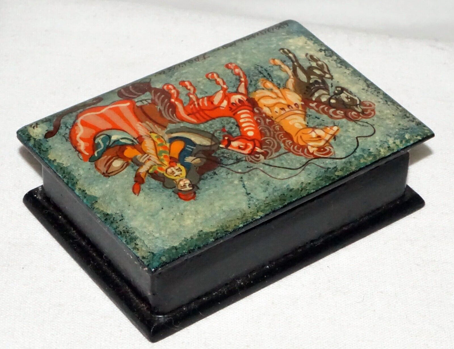 Vintage Russian Lacquer Box Two Figures & Three Horses signed (AHB)